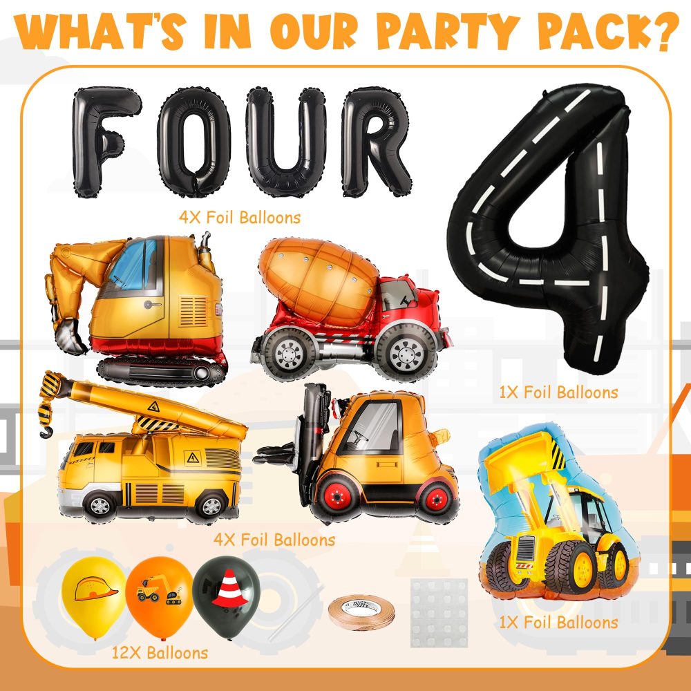 4th Birthday Construction Decorations Boys - 22 Pieces Vehicle Party Decoration Black Letter Four Balloons Digger Excavator Crane Cement Truck Bulldozer Balloon for Kids 4 Year Old Party Supplies - Image 7
