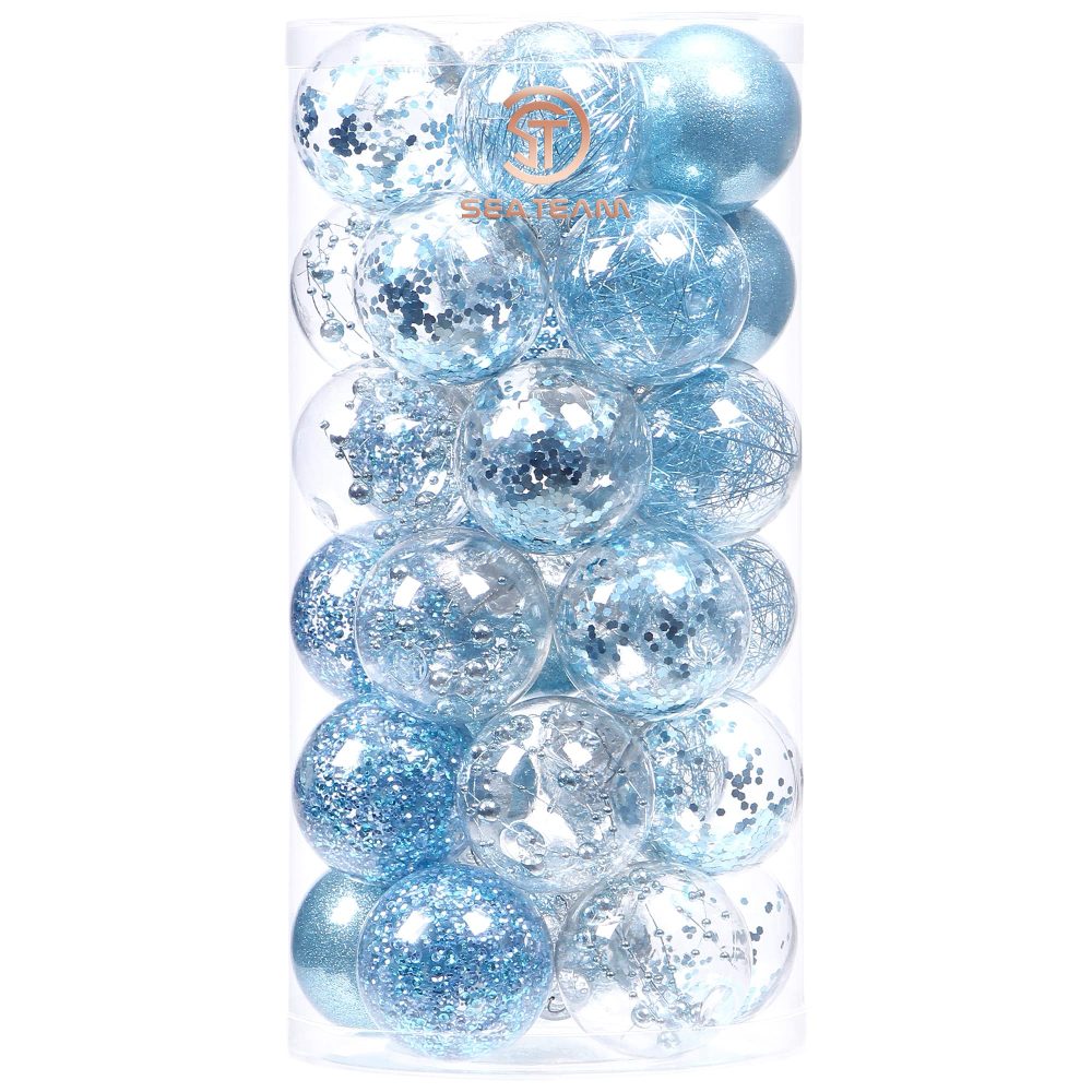 Sea Team 60mm/2.36" Shatterproof Clear Plastic Christmas Ball Ornaments Decorative Xmas Balls Baubles Set with Stuffed Delicate Decorations (30 Counts, Blue)
