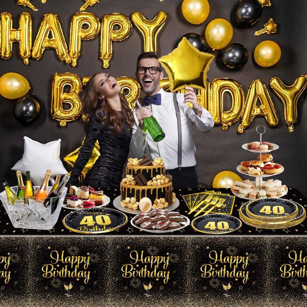 40th Birthday Decorations for Women and Men - 61Pcs Plates Napkins 40th Tablecloth Black and Gold Party Decorations Serve 20 - Image 4