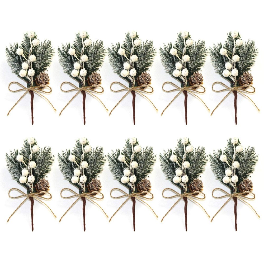 SUREH 10pcs White Christmas Berries Stems 5.9inch Small Artificial Pine Picks and Sprays Xmas Berry Picks with Pine Cones Holly Berry Christmas Flower Ornaments for Xmas Wreaths Home Vase Decor