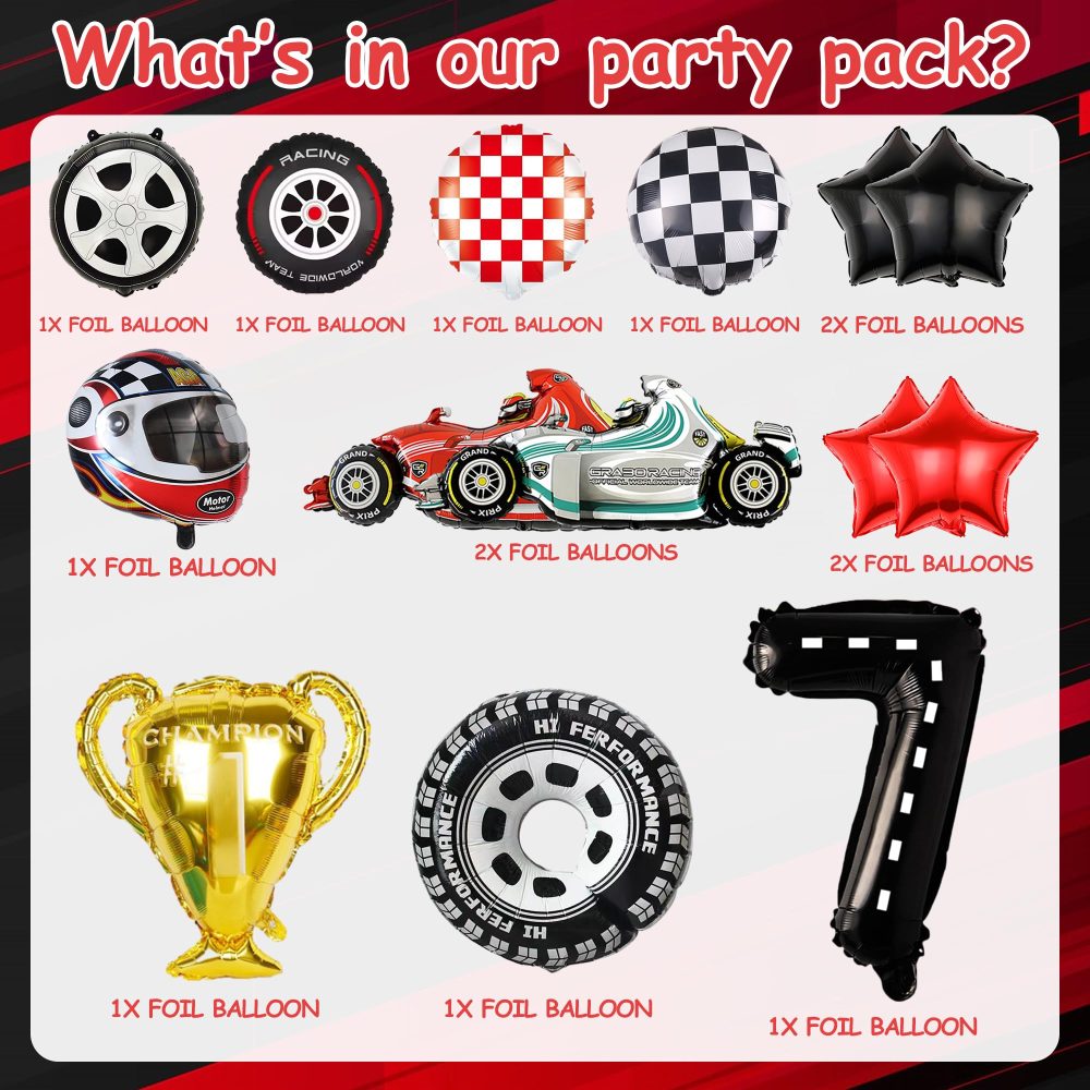 Racing Car 7th Birthday Decorations - 15 Pieces Race Car Helmet Tire Checkered Flag Shape Balloons, 40 Inch Number 7 Foil Balloon, Boys 7 Years Old Birthday Theme Party Supplies - Image 6