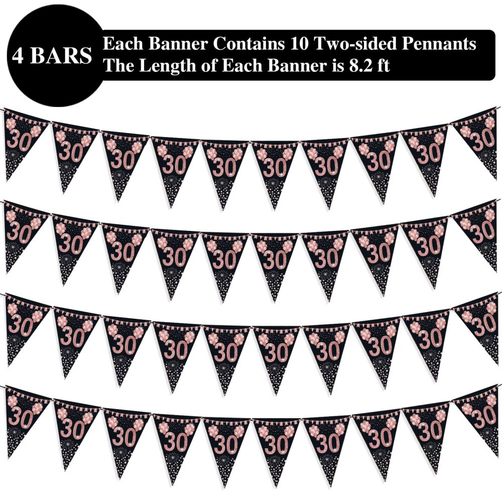 30th Birthday Bunting, Happy Banner Bunting Flags, 40 Pieces Triangle Rose Gold Glitter Diamond by Numbers 30th Birthday Anniversary Theme Party Decoration Supplies - Image 4