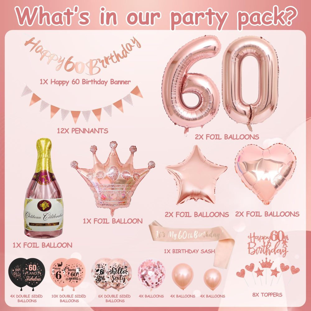 60th Birthday Decorations for Women - Rose Gold Balloons - 60th Rose Gold Birthday Decorations, Banner, Cake Topper, Cupcake Topper - Birthday Party Supplies Kit - Image 7