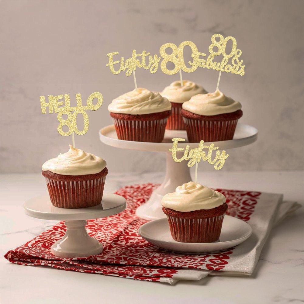 Gyufise 24Pcs 80th Birthday Cupcake Toppers Gold Glitter Hello 80 Cake Topper Eighty 80 & Fabulous Cupcake Picks 80th Birthday Cake Decorations Supplies - Image 3