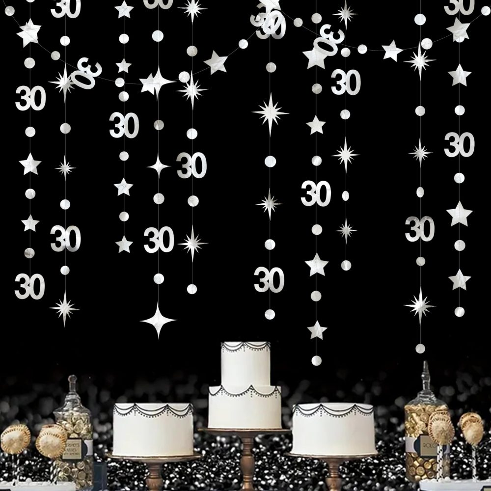 Silver 30th Birthday Decorations Number 30 Circle Dot Twinkle Star Garland Metallic Streamer Banner Backdrop for Mens Womens Happy Dirty Thirty Cheers to 30 Years Old 30th Anniversary Party Supplies - Image 3