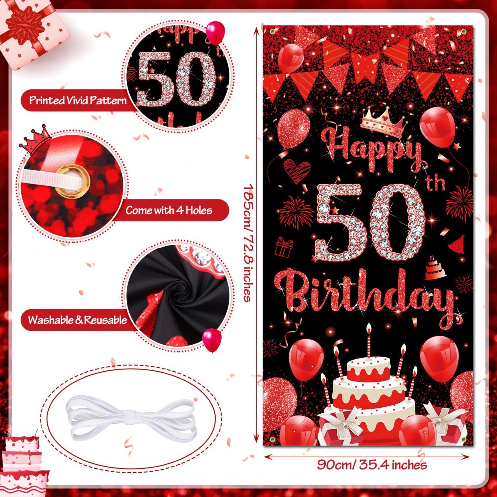 Red 50th Birthday Decorations for Women Men, Red Black Happy Birthday Party Door Banner Cover 18PCS 50th Red Birthday Balloons Supplies for 50 Years Old Birthday Anniversary Party Backdrop Decor - Image 4