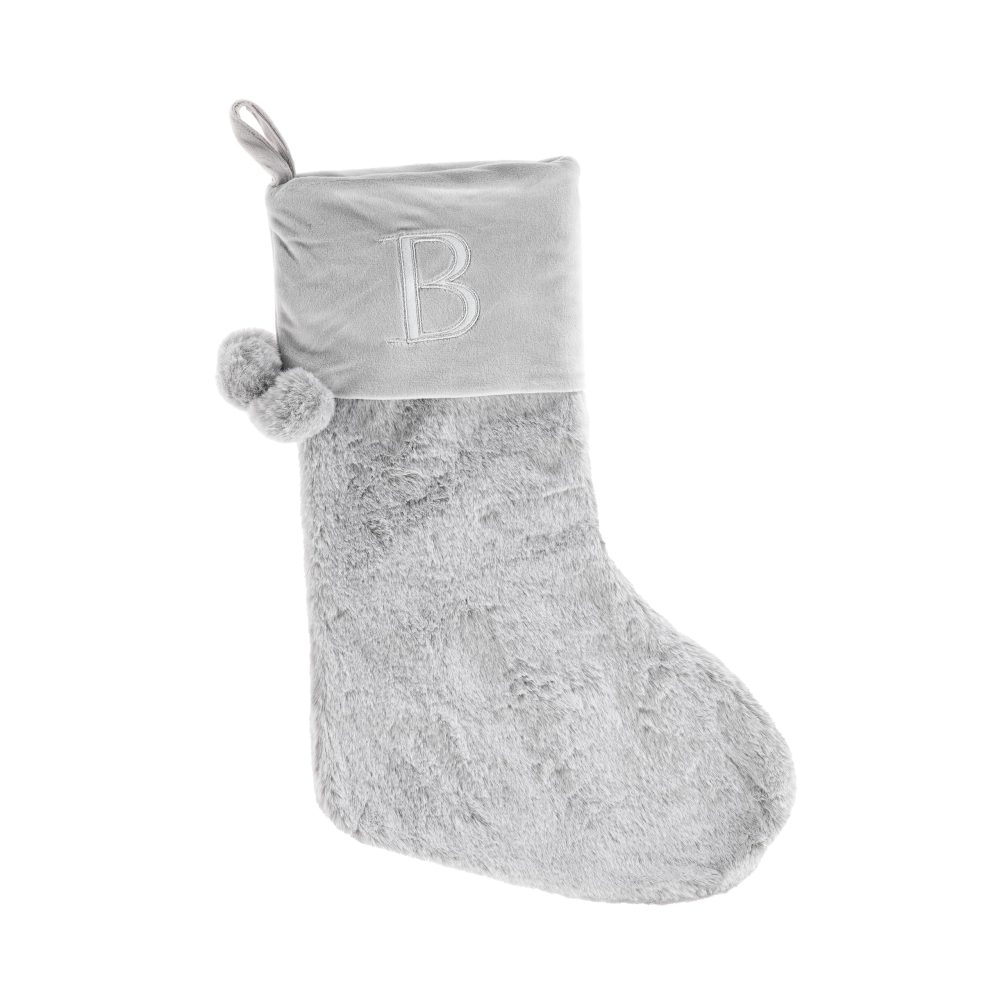 Celebright Christmas Stocking with Embroidered Letter 'B' - Festive Holiday Décor for a Memorable Celebration - Faux Fur - Grey