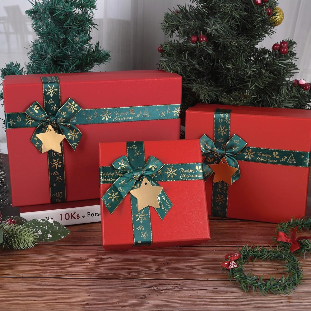 3 Pack Gift Boxes for Christmas Rigid Gift Box with Lid 3 Different Sizes Cardboard Box for Gift Lipstick Perfume Book Scarf Shirt Christmas Party Birthday Wedding New Year (Green) - Image 4