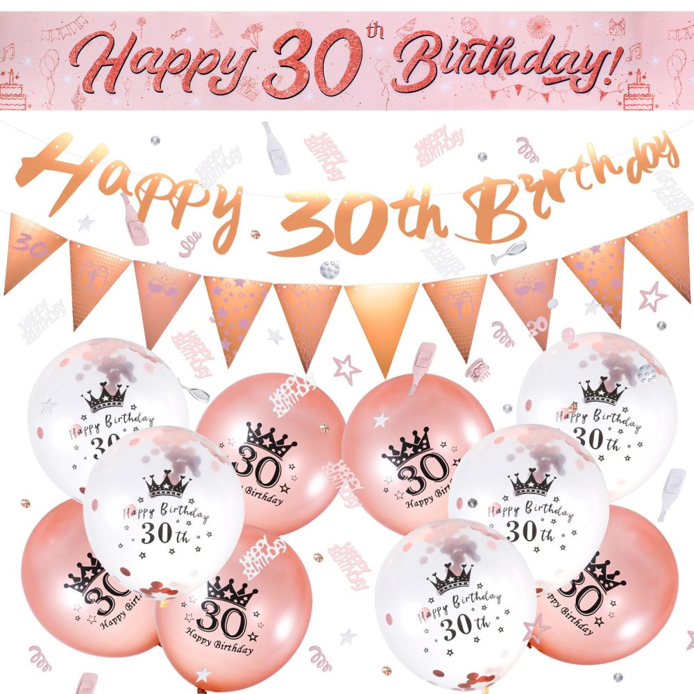 30th Birthday Decorations, Pink Gold 30 Birthday Balloons Set Include Happy 30th Birthday Banners Triangle Flag Banners Confetti Latex Balloons for Women and Men 30th Party Decoration Supplies