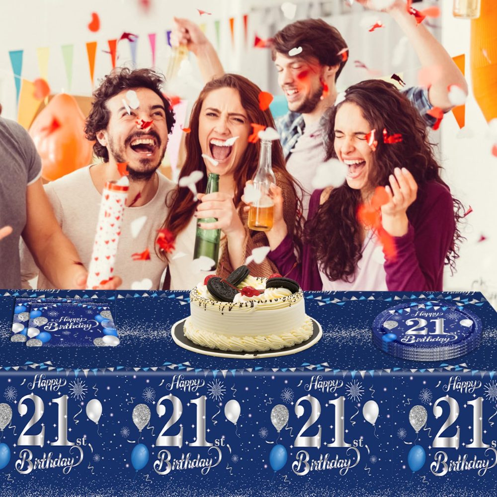 21st Birthday Decorations for Him Blue Silver Happy 21st Birthday Decorations for Boys Men Includes Happy 21th Birthday Napkins Tablecloth Plates for 21 Years Old Bday Party Supplies Anniversary Decor - Image 2