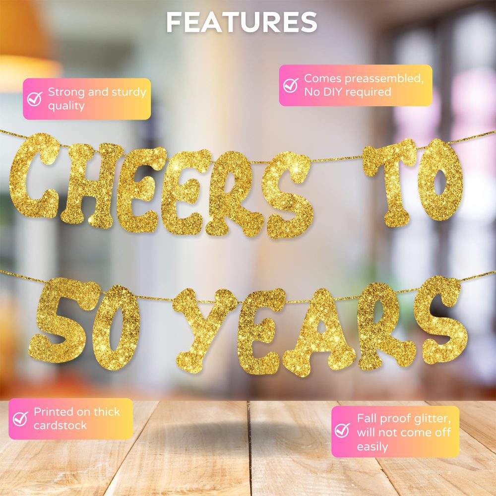 Cheers to 50 Years - Happy 50th Birthday Party Glitter Banner - 50th Birthday Party Decorations and Supplies - 50th Wedding Anniversary Decorations, Pre-strung - No DIY required - Image 8