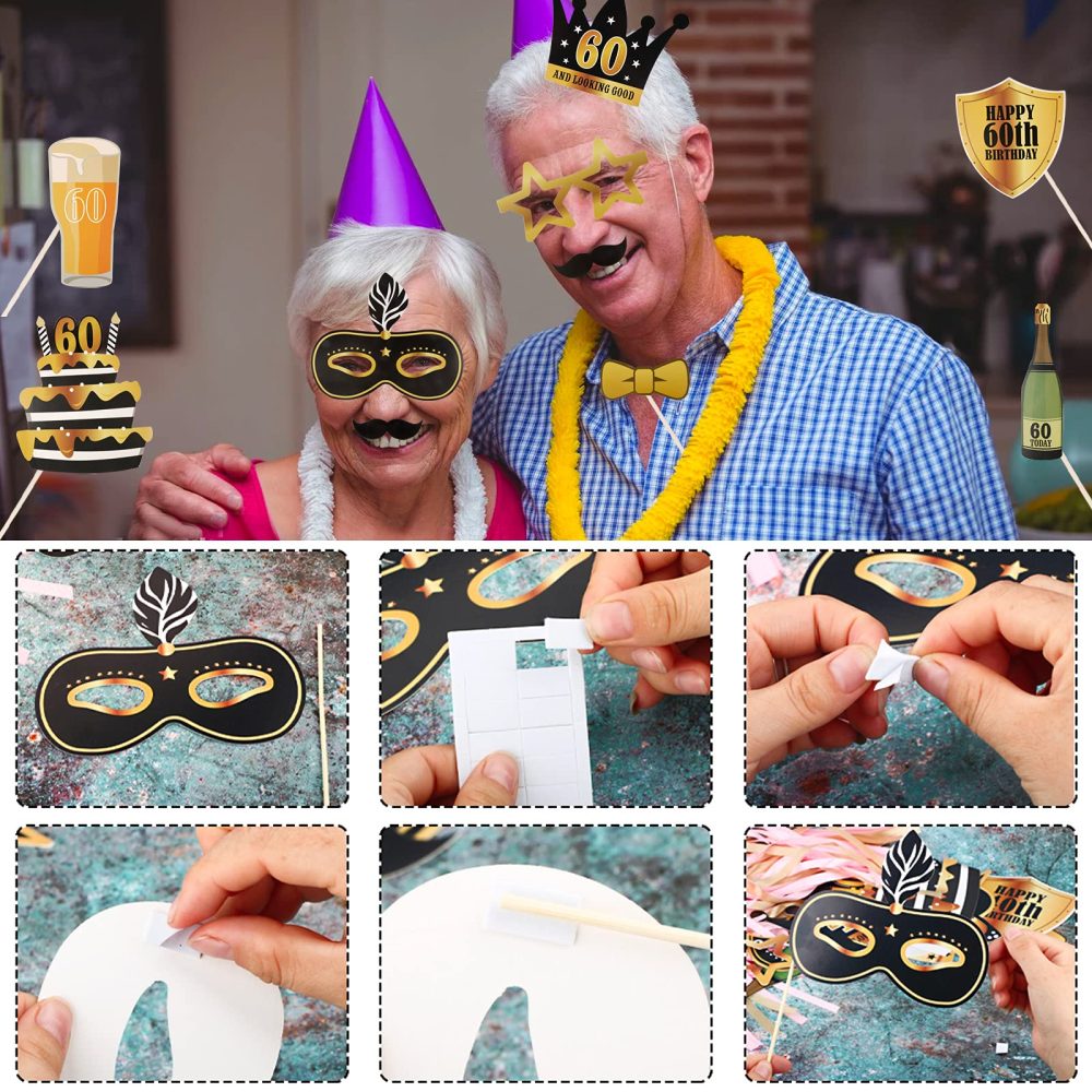 (24Pcs)60th Birthday Party Inflatable Frame and Photo Booth Props for Her Him Forty Birthday Gold and Black Decorations Family Fun Holiday Party Supplies Theme Party Kit - Image 3