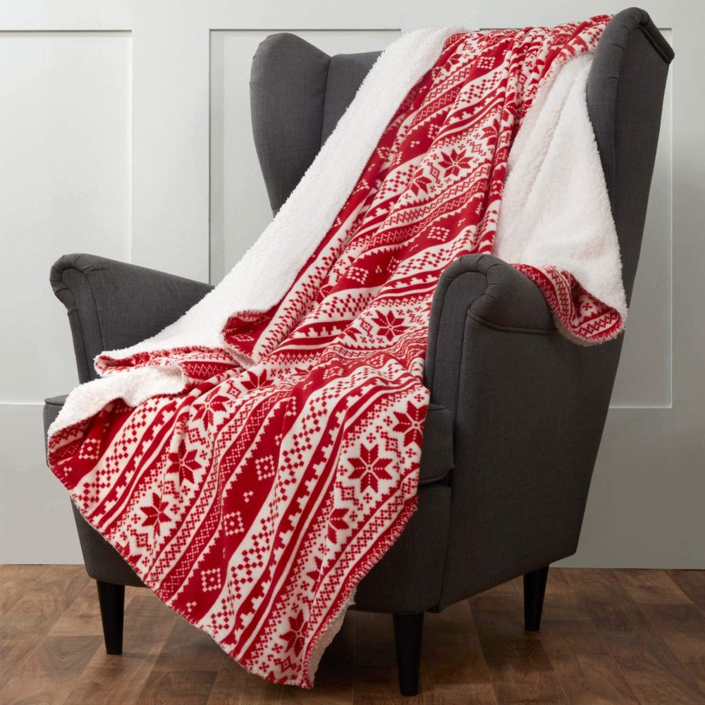 Dreamscene Christmas Blanket Sherpa Flannel Fleece Blanket Faux Fur Large Cuddly Cosy Throw Over Christmas Throws for Sofa, Nordic Red White 150 x 180cm - Image 4
