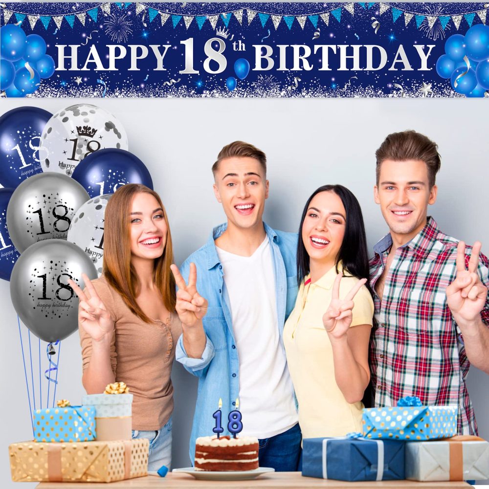 Blue 18th Birthday Decorations for Boys Girls, Navy Blue Silver Happy 18th Birthday Banner and 18th Birthday Balloons for 18th Birthday Anniversary Party Supplies, Eighteen Year Old Party Decorations - Image 3