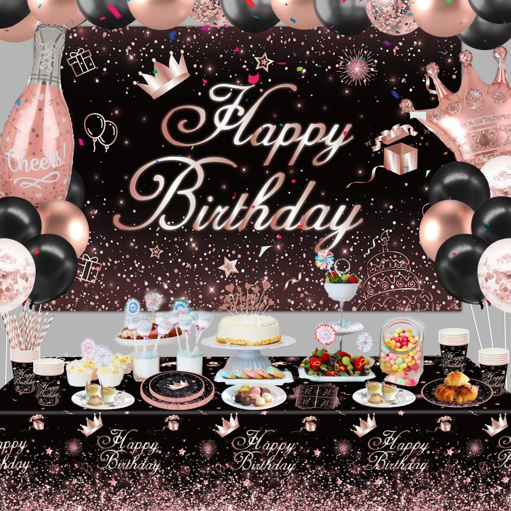 153 PCS Black and Rose Gold Party Decoration Black Rose Gold Dinnerware Set Rose Gold & Black Party Supplies Rose Gold and Black Birthday Party Set-Plates, Backdrop, Balloons, Tablecloth Serves 20 - Image 8