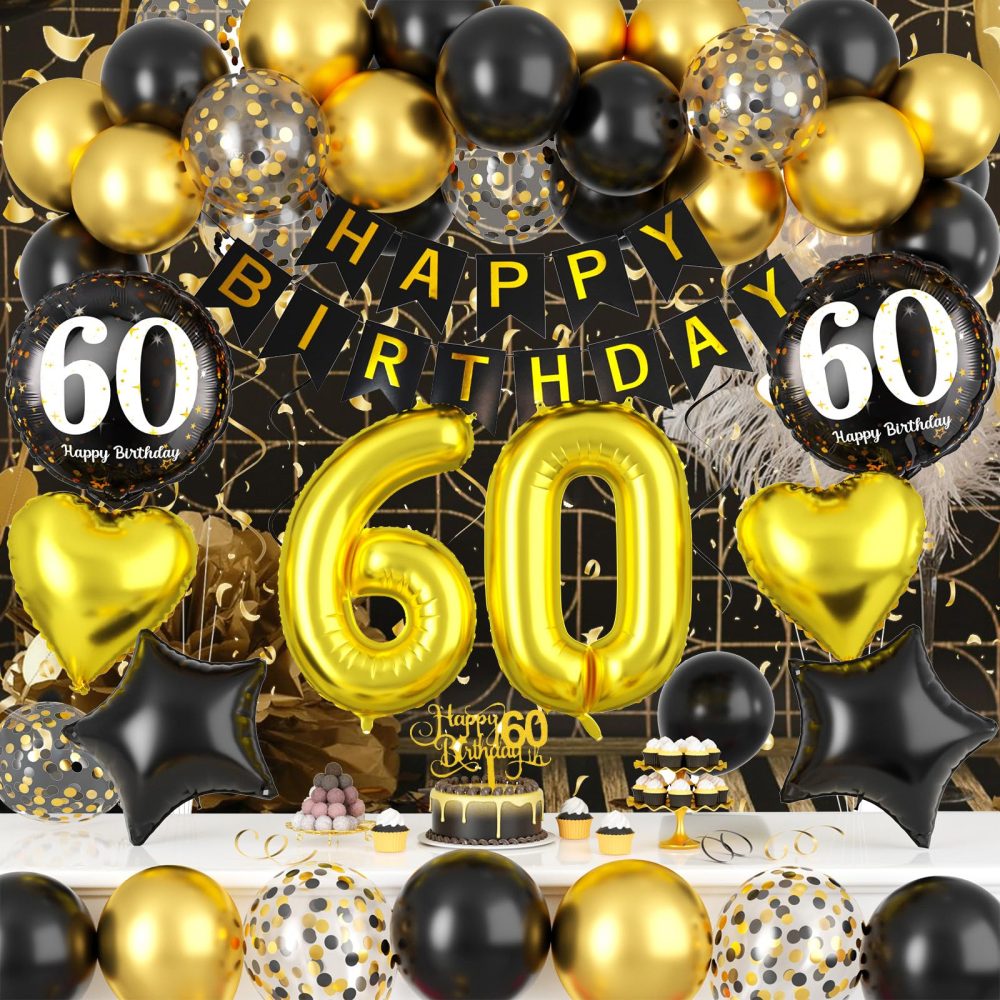 Black and Gold 60th Birthday Decorations, 60th Birthday Balloons Gold and Black 60th Party Decorations with Black Gold Balloons Happy Birthday Banner Cake Topper for Men Women 60th Birthday Supplies - Image 5