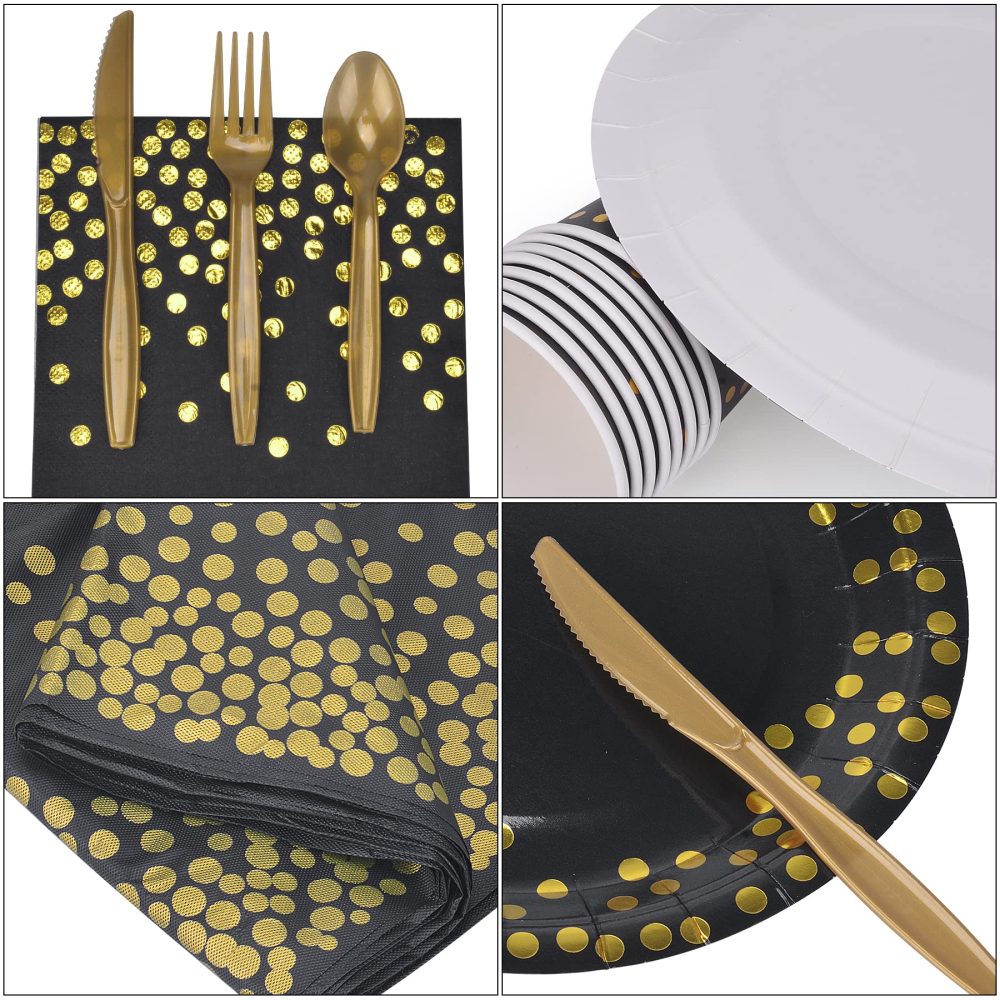 202pcs Eco-Friendly Gold & Black Party Paper Plates and Cutlery Napkins Cups Tablecloth Banner Supplies Set, Tableware Dinnerware Dining Sets for Wedding Birthday Anniversary Graduation Decorations - Image 3