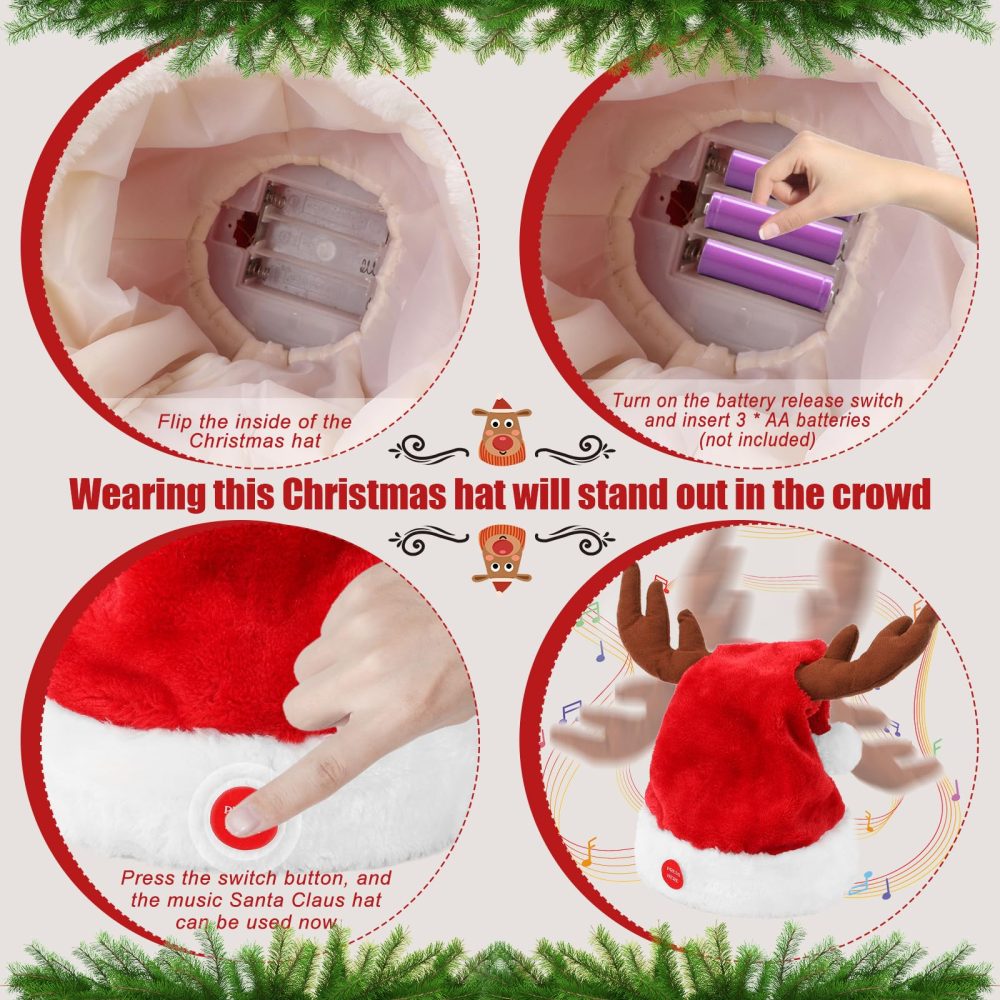 Gfilay Singing and Dancing Electric Santa Hat with Reindeer Antlers - Funny Novelty Musical Interactive Swinging Christmas Hats Waving and Singing for Adults Kids Xmas Gift - Image 3