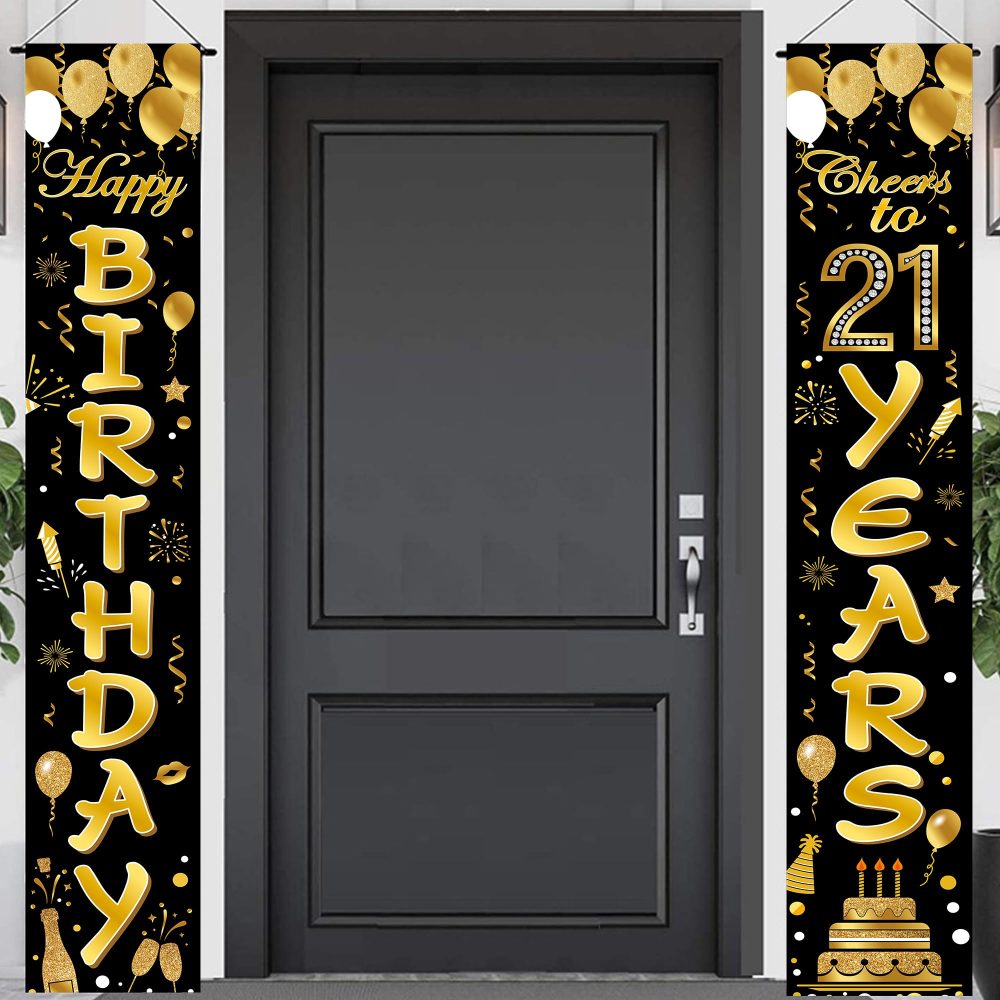 Topways Happy 21th Birthday Party Door Banner Decorations, Black Gold Decoration for Boys and Girls Women Men 21 Years Old Birthday Party, Indoor Outdoor Decor Supplies 70.8x11.8inch (Black Gold) - Image 2