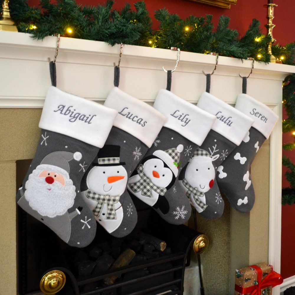 Always Personal Personalised Embroidered Dark Grey Knitted Christmas Xmas Hanging Stockings - Santa, Snowman, Reindeer Penguin, Pet Bones or Baby Teddy with Custom Name (Penguin) - Image 9
