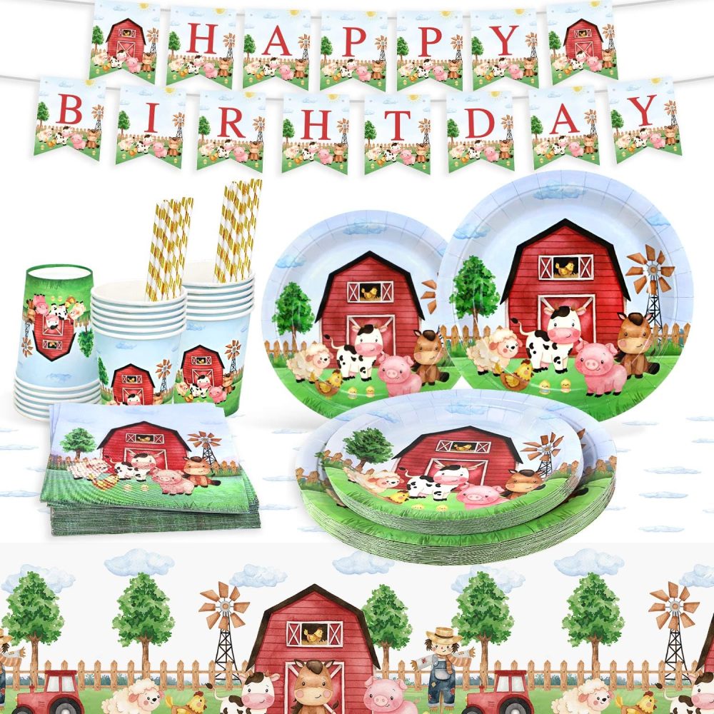 Heboland Farm Animals Party Decorations Tableware Set for 25 Guests,127pcs Party Plates Cups and Napkins Straws Tablecloth Banner for Boy Kids Birthday Party Supplies