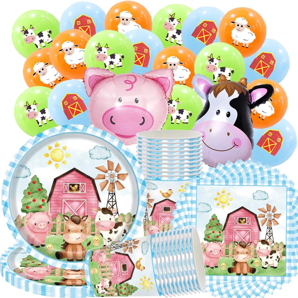 80 Pcs Farm Party Tableware Set, Children's Birthday Party Decorations, Animal Party Supplies, Farm Animal Plates, Paper Cups, Paper Towels, Balloons (20 Guests)