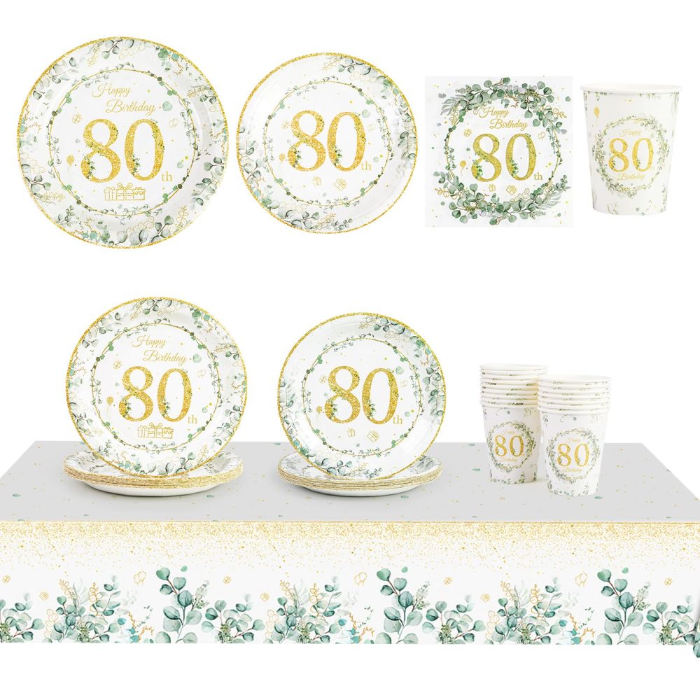 65 pcs Birthday Party Decorations,Paper Plates 7 and 9inch,Napkins Serviettes and Cups Set,Eucalyptus Tablecloth, Happy Birthday Party Tableware Table Decorations (80th)