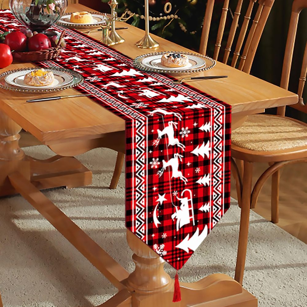 RMMD Christmas Table Runner Decorations 200*28cm Red Black Plaid Lattice Table Runner Xmas Long Table Runner with Tassels Farmhouse Check Table Decorations for Christmas Home Kitchen Dinning Room