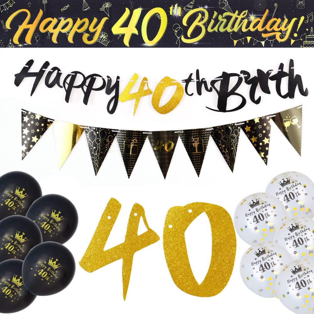 40th Birthday Decoration Kit, 13 Pieces Birthday Party Decoration Include Happy 40th Birthday Banner, Bunting, 12” Latex Printed Balloons, 9ft Banner for Women Men 40th Birthday Decorations Supplies - Image 2