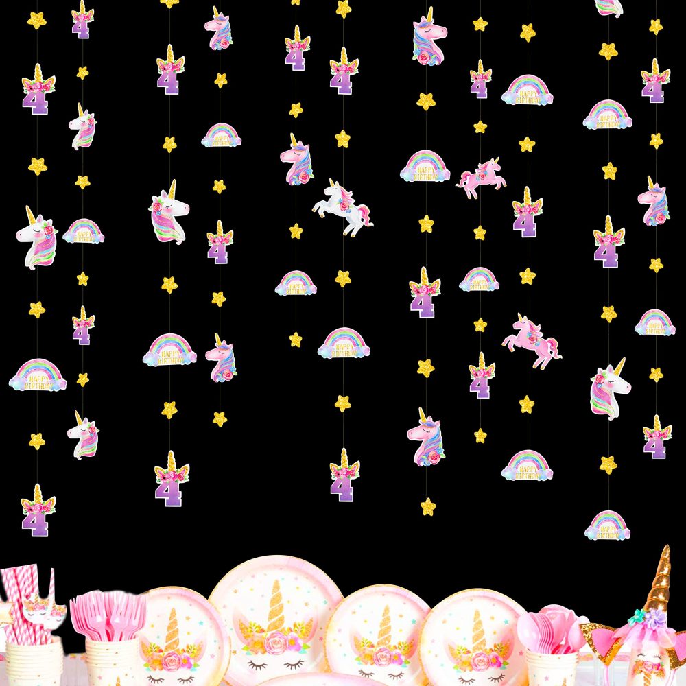 52Ft Unicorn 4th Birthday Decorations for Girls 4 Years Old Party Number 4 Rainbow Cloud Happy Birthday Star Garland Streamer Banner Backdrop for Boys 4th Fourth Unicorn Birthday Party Decor Supplies - Image 2