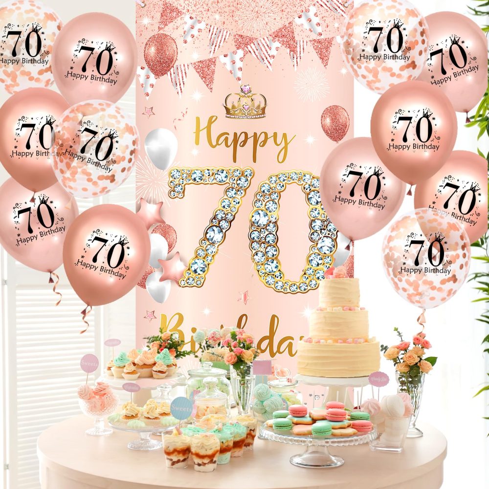 Rose Gold 70th Birthday Decorations Banner for Women, Happy 70th Birthday Door Banner with 18pcs 70th Balloons for Women 70th Birthday Anniversary Party Backdrop Decor Supplies Sign Porch Background - Image 7
