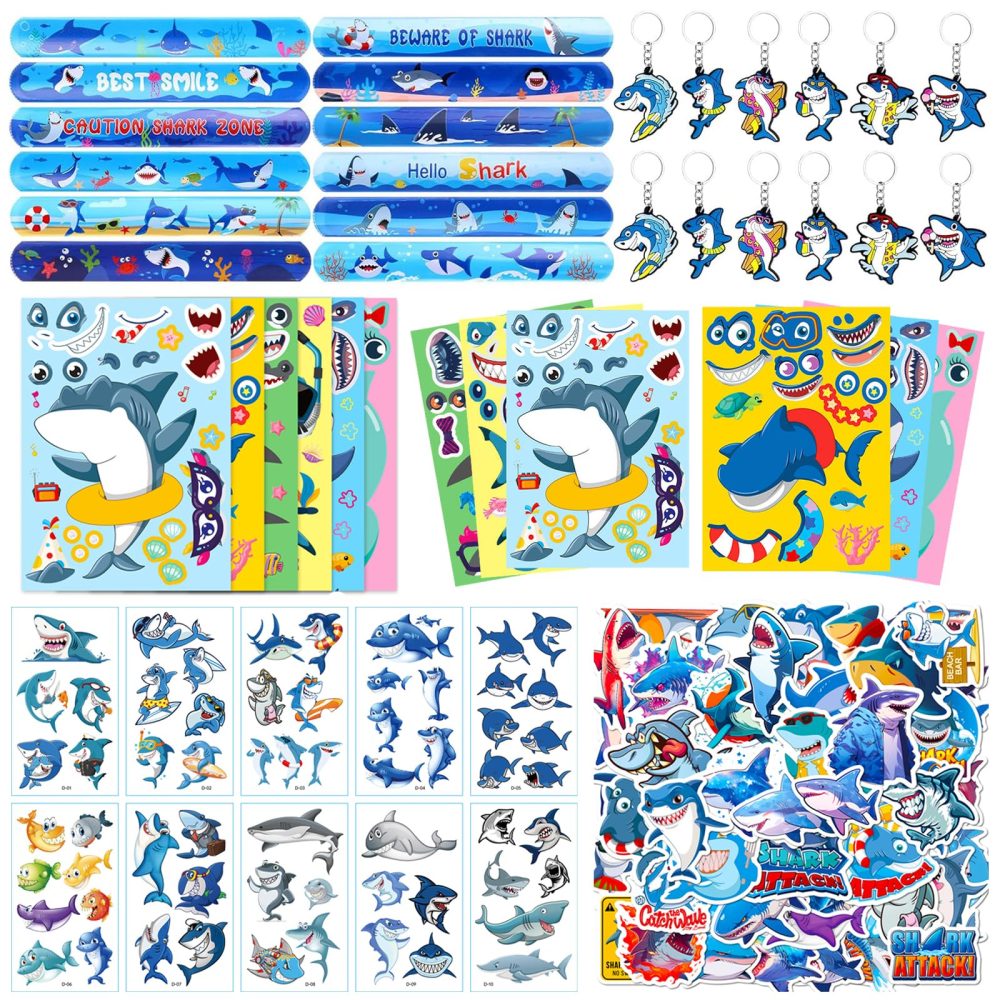 HEMYTAP 98Pcs Shark Party Favors Include Slap Bracelets, Keychains, Make a Shark Stickers, Temporary Tattoos and Vinyl Stickers for Kids Shark Ocean Sea Themed Birthday Party Supplies Decorations