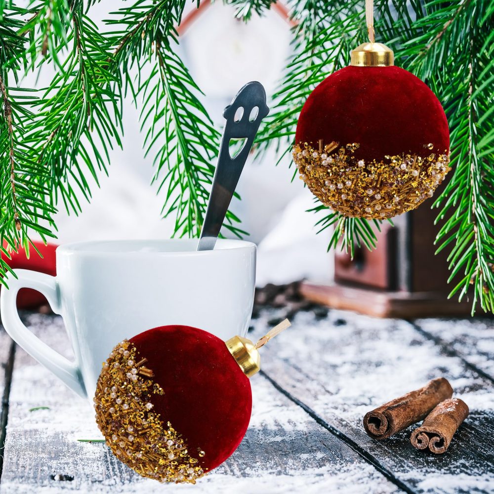 kemengsuer Red Christmas Balls Ornaments, 3inch Red Velvet Christmas Tree Hanging Balls with Gold Sequins and Pearls, Shatterproof Glitter Sequin Foam Balls for Xmas Wedding Party Decor(Wine Red) - Image 9