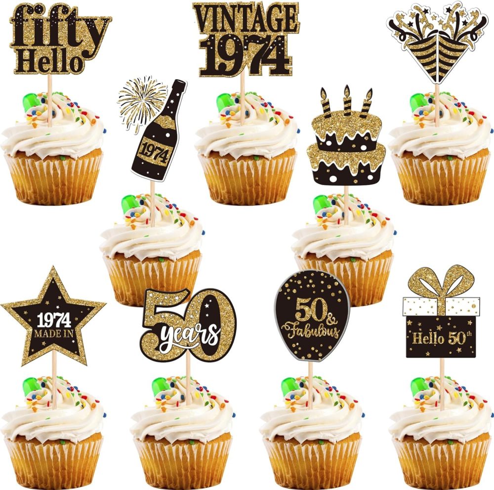 SYKYCTCY 36 Pack Vintage 1974 Cupcake Toppers cheers to 50th Birthday Cupcake Picks Hello Fifty Birthday Cupcake Decorations for Happy 50th Birthday Wedding Anniversary Party Supplies