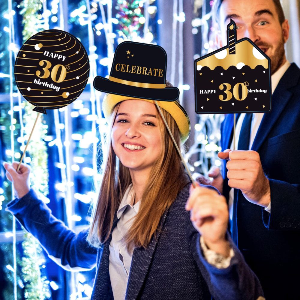 30th Birthday Photo Booth Props Kit,32PCS Black Gold Photobooth Props,30th Party Props Birthday Party Selfie Props Kit with Sticks for Men,Him,Happy 30th Birthday Party Decorations Supplies Favors - Image 3