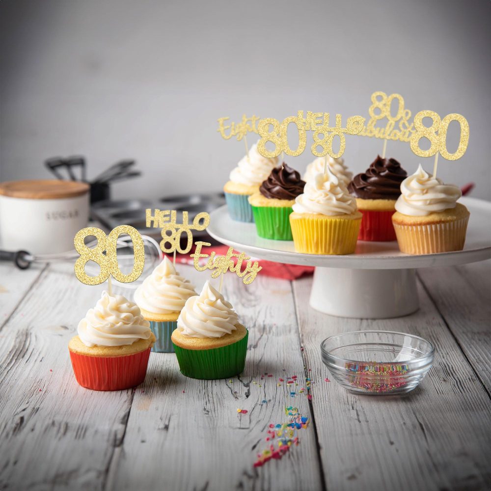 Gyufise 24Pcs 80th Birthday Cupcake Toppers Gold Glitter Hello 80 Cake Topper Eighty 80 & Fabulous Cupcake Picks 80th Birthday Cake Decorations Supplies - Image 4