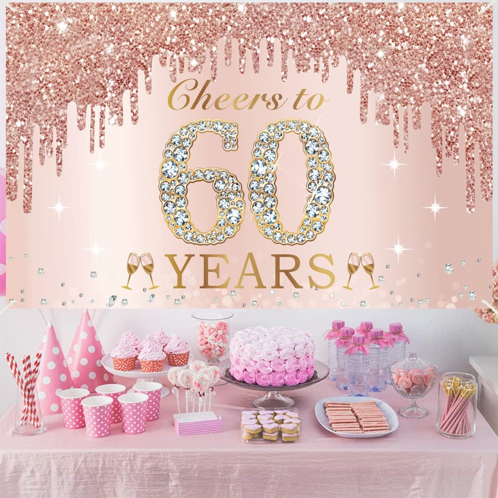 Large Cheers to 60 Years Birthday Decorations for Women, Pink Rose Gold Happy 60th Birthday Banner Backdrop Party Supplies, Sixty Birthday Poster Background Sign Decor - Image 4