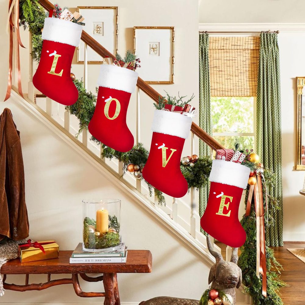 Christmas Stockings Personalised 20 Inch Large Xmas Stockings Monogram Christmas Stockings With Letters Red Velvet Classic Christmas Stocking Fireplace Hanging Ornament Christmas Holiday Party Décor - Image 4