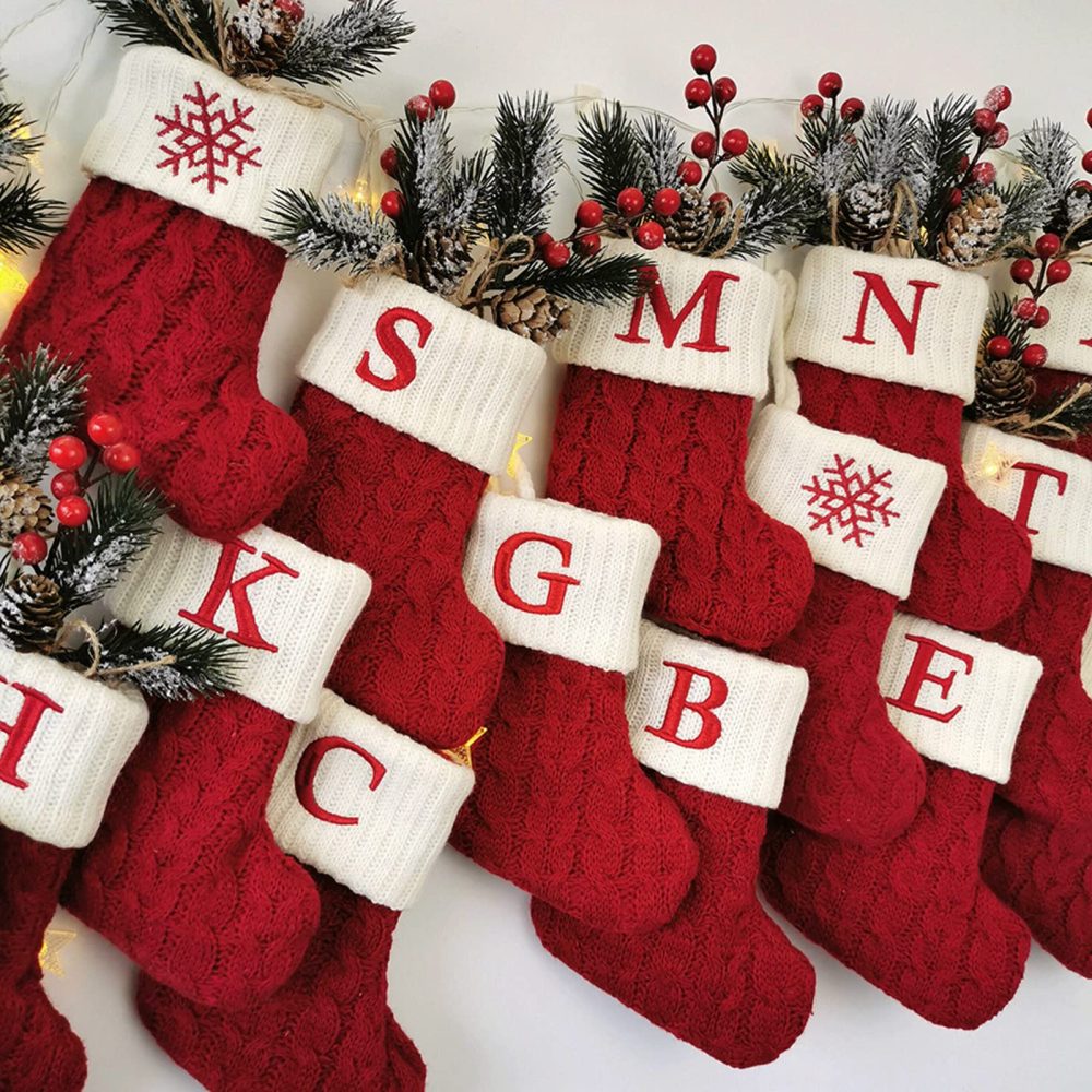Christmas Stocking with Letter Monogram Mini Cute Christmas Stocking Decorative Socks Knitted Plush Gift Stocking for Family Holiday Party Decor (Red D, One Size) - Image 3