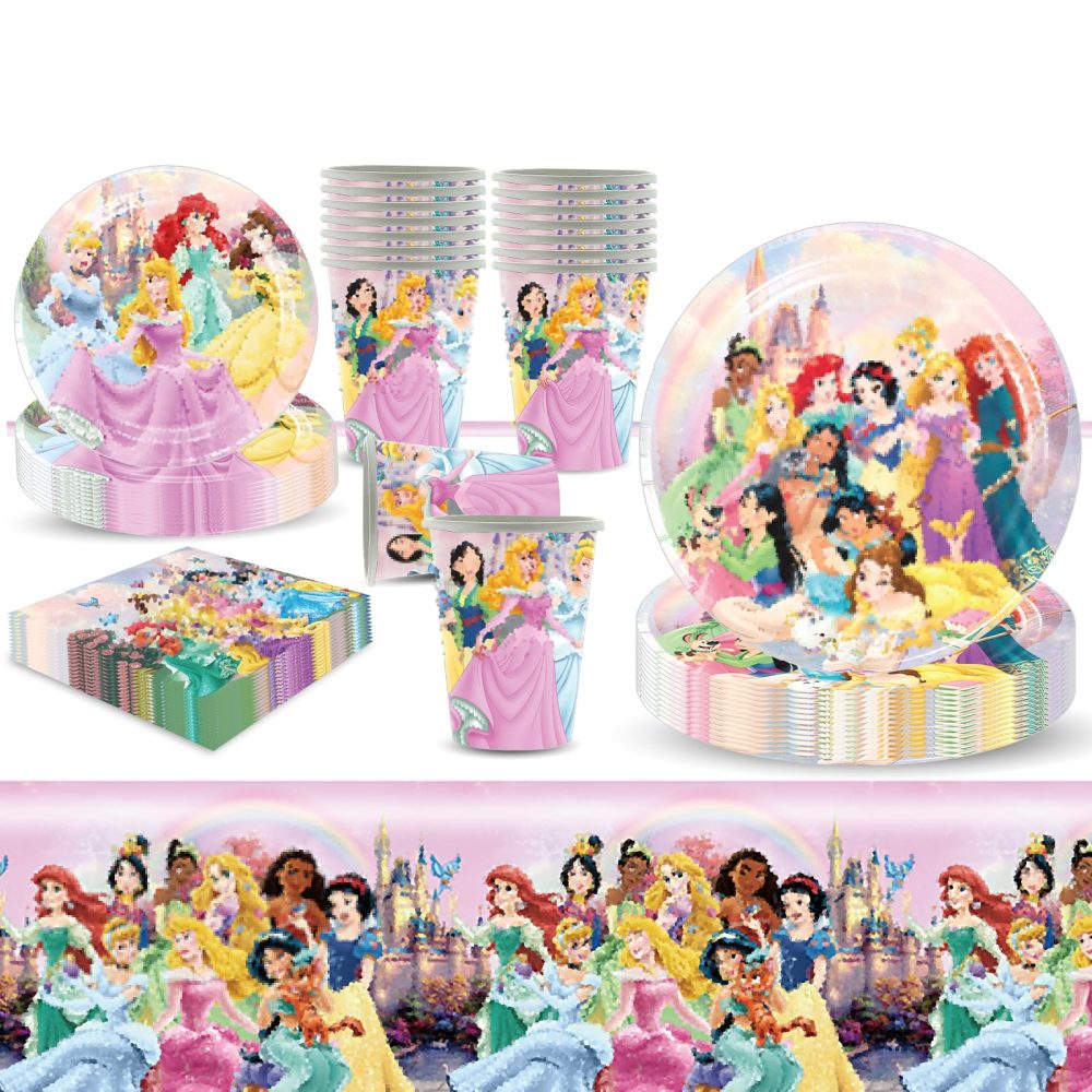 51PCS Princess Party Tableware Set, Princess Birthday Party Decorations with Party Paper Plates Cups and Napkins Tablecloth, Pink Party Supplies for Kids Girls, 10 Guests