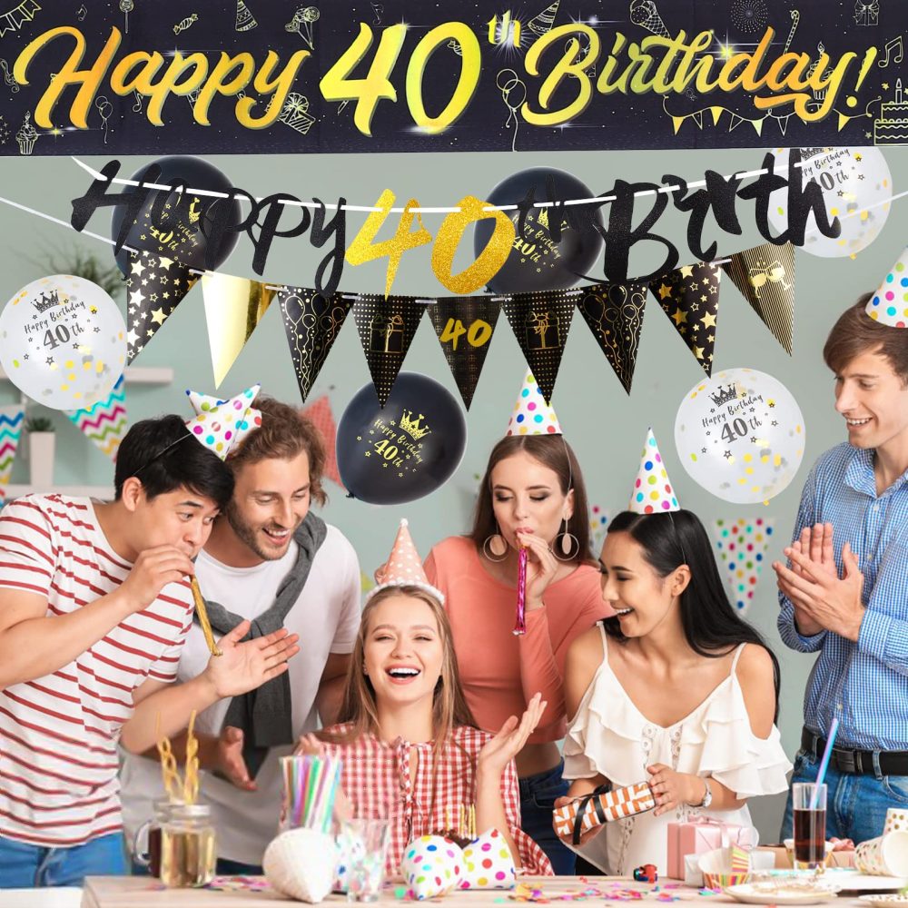40th Birthday Decoration Kit, 13 Pieces Birthday Party Decoration Include Happy 40th Birthday Banner, Bunting, 12” Latex Printed Balloons, 9ft Banner for Women Men 40th Birthday Decorations Supplies - Image 3