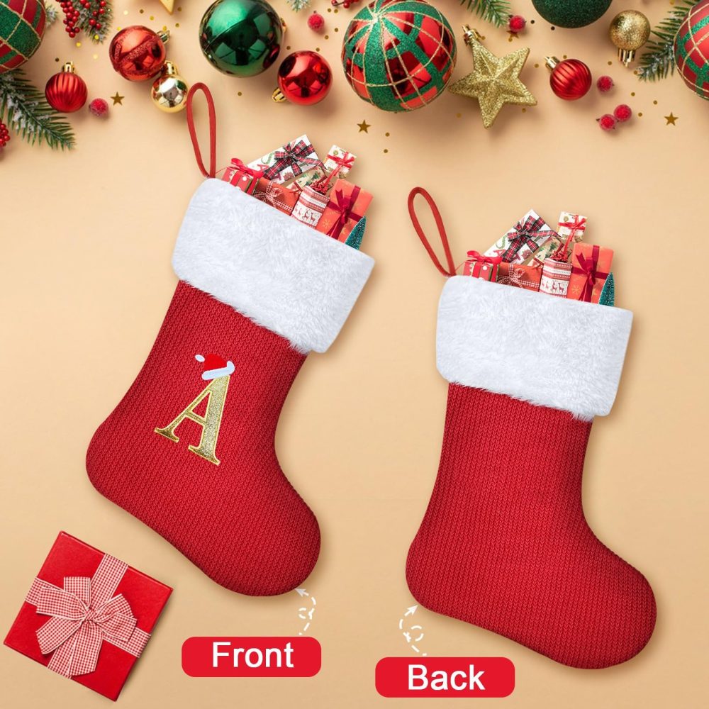Sleeleece 30cm Personalized Christmas Letters Stockings Red Initial Monogram Embroidered Stocking with White Soft Plush Cuff Classic Stocking Tree Decorations Xmas Decor for Christmas, L - Image 5