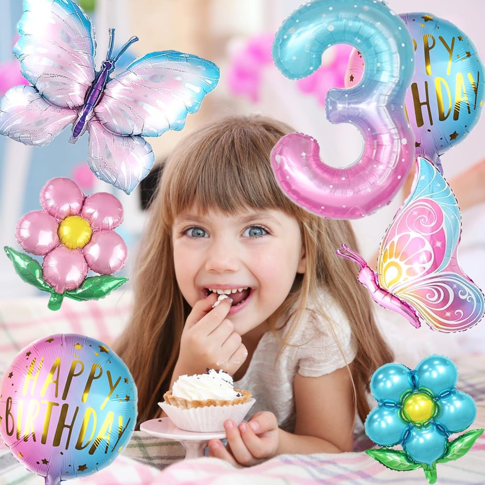 Oynearo Butterfly Balloons 3rd Birthday Decorations for Girl Flowers Balloon and Round Gradient Balloons for Birthday Baby Shower Party Supplies Decor（Number 3） - Image 4