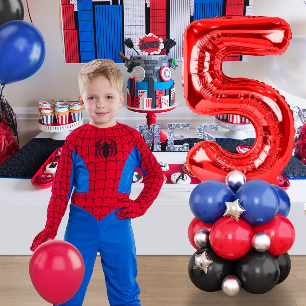 40 Inch Number 5 Balloon Red, Spider Balloon Tower with Red Blue Black Balloons and Metallic Silver Star Foil Balloons for Boys 5th Birthday Party Decor Spider Hero Theme Party Supplies - Image 6