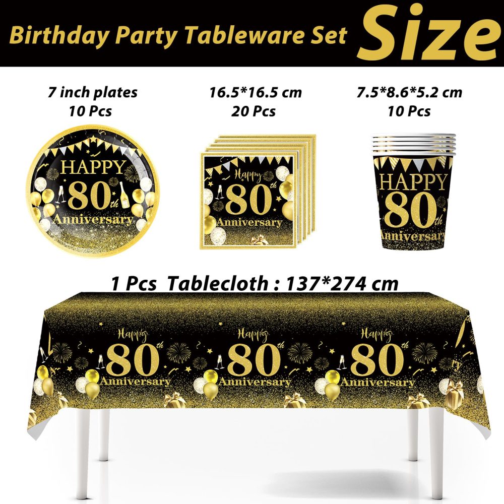 41Pcs Black Gold Happy 80th Birthday Party Tableware Set Plastic Table Cloth,Paper Plates Napkins 80th Birthday Table Decorations Disposable Tableware Kit for Men Women 80th Birthday Decorations - Image 2