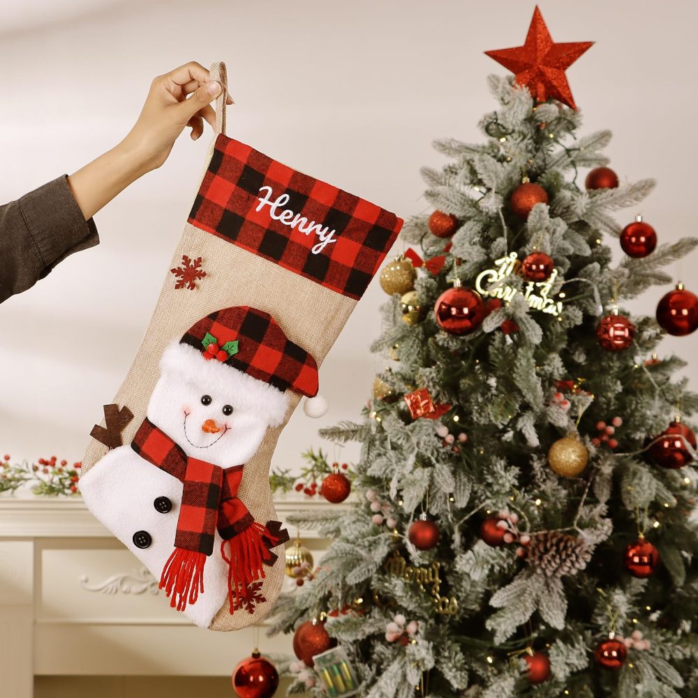 Bemaystar Personalized Christmas Stockings - 18'' Custom Christmas Stockings with Names, Embroidery Burlap Plaid Xmas Stockings Personalized Decoration Gifts for Family Kids Christmas Holiday Party - Image 8