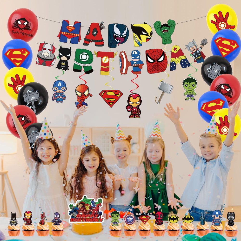 44Pcs Superhero Avengers Birthday Decorations for Boys Home Super-Hero Party Balloons,Happy Birthday Banner Bunting,Cake Toppers,Hanging Swirls for Kids Baby Shower Cartoon Theme Party Supplies - Image 3