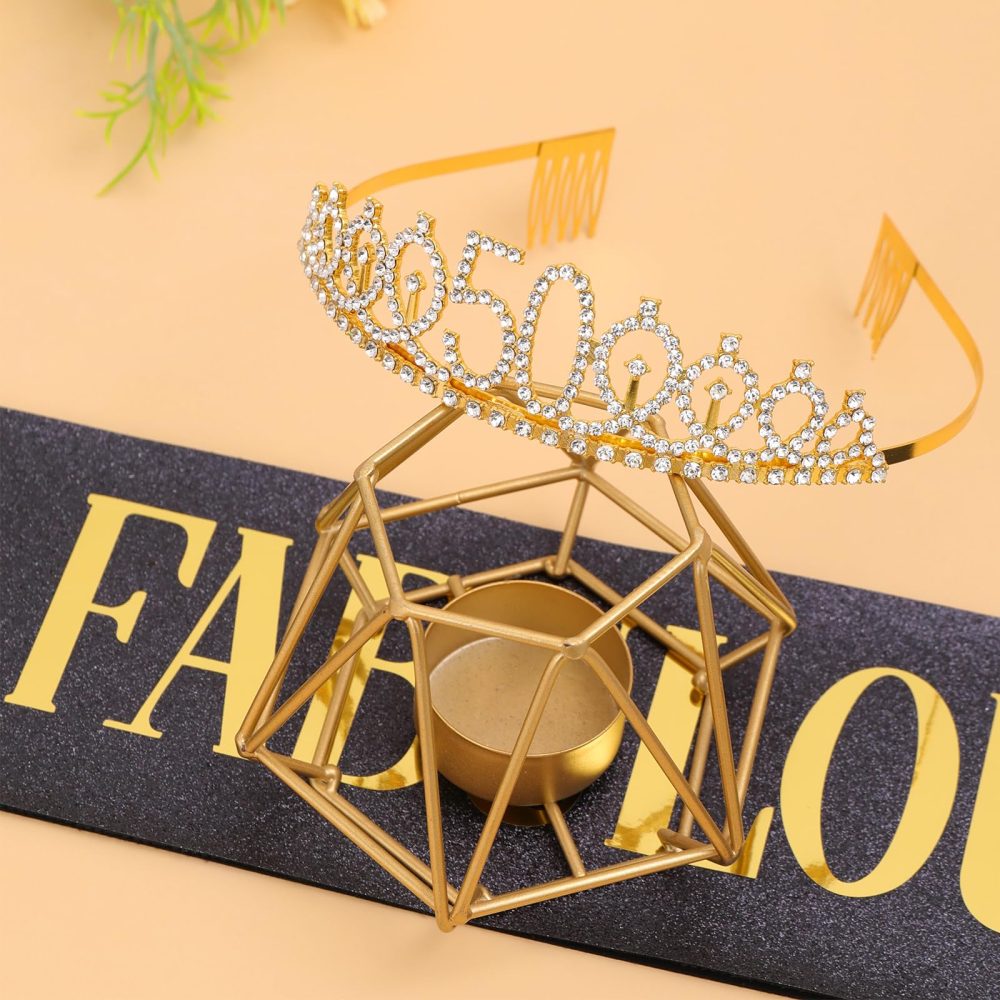 Black Gold "50 & Fabulous"Sash & Rhinestone Tiara Set, 50th Birthday Gifts for Women, Birthday Sash/Tiara for Women's 50th Birthday Party Decoration (Black 50th) - Image 5