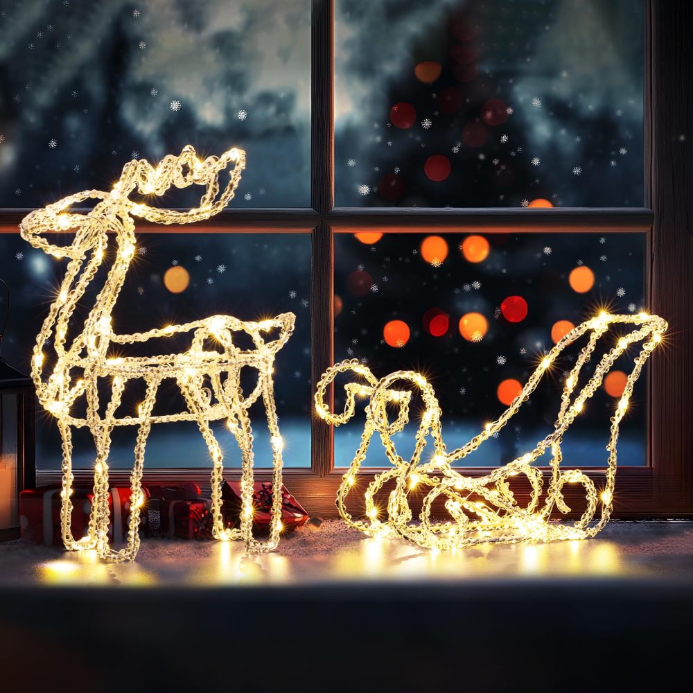 Quntis Reindeer and Sleigh Christmas Decorations Lights Warm White, 35cm 100 Led Reindeer Lights 8 Modes Timer & Memory, IP44 Light Up Reindeer Christmas Decorations Garden Outdoor Indoor Home Gift