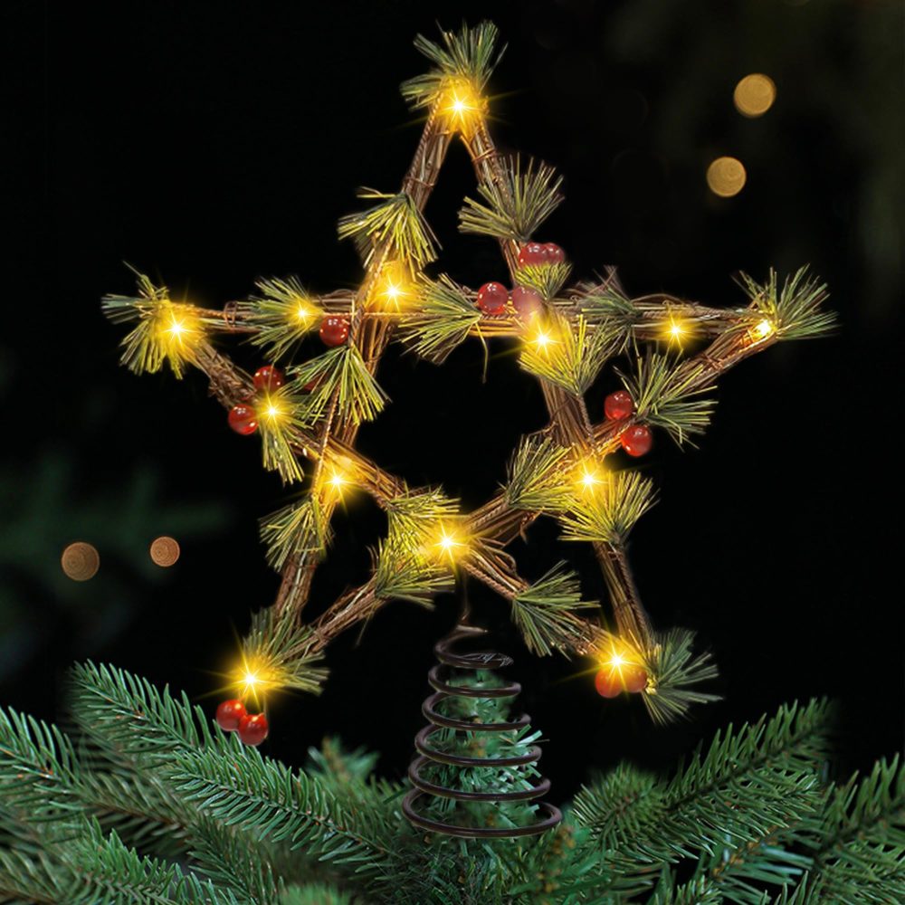 Christmas Tree Topper, Star Tree Topper, 20 LED Lights Christmas Decoration Tree Star for Indoor Office Festive Xmas New Year Holiday Tree Decorations (Rattan with Flower)